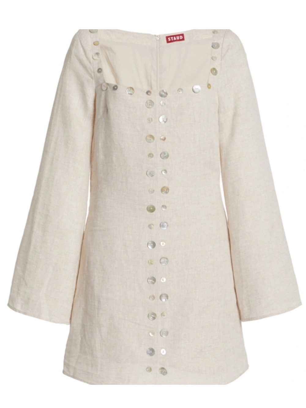 STAUD Natural Beige Linen Button-Front Mini Dress